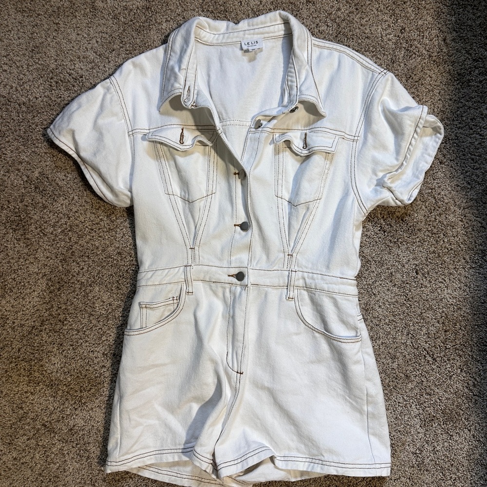 Lelis White Button-Up Denim Romper